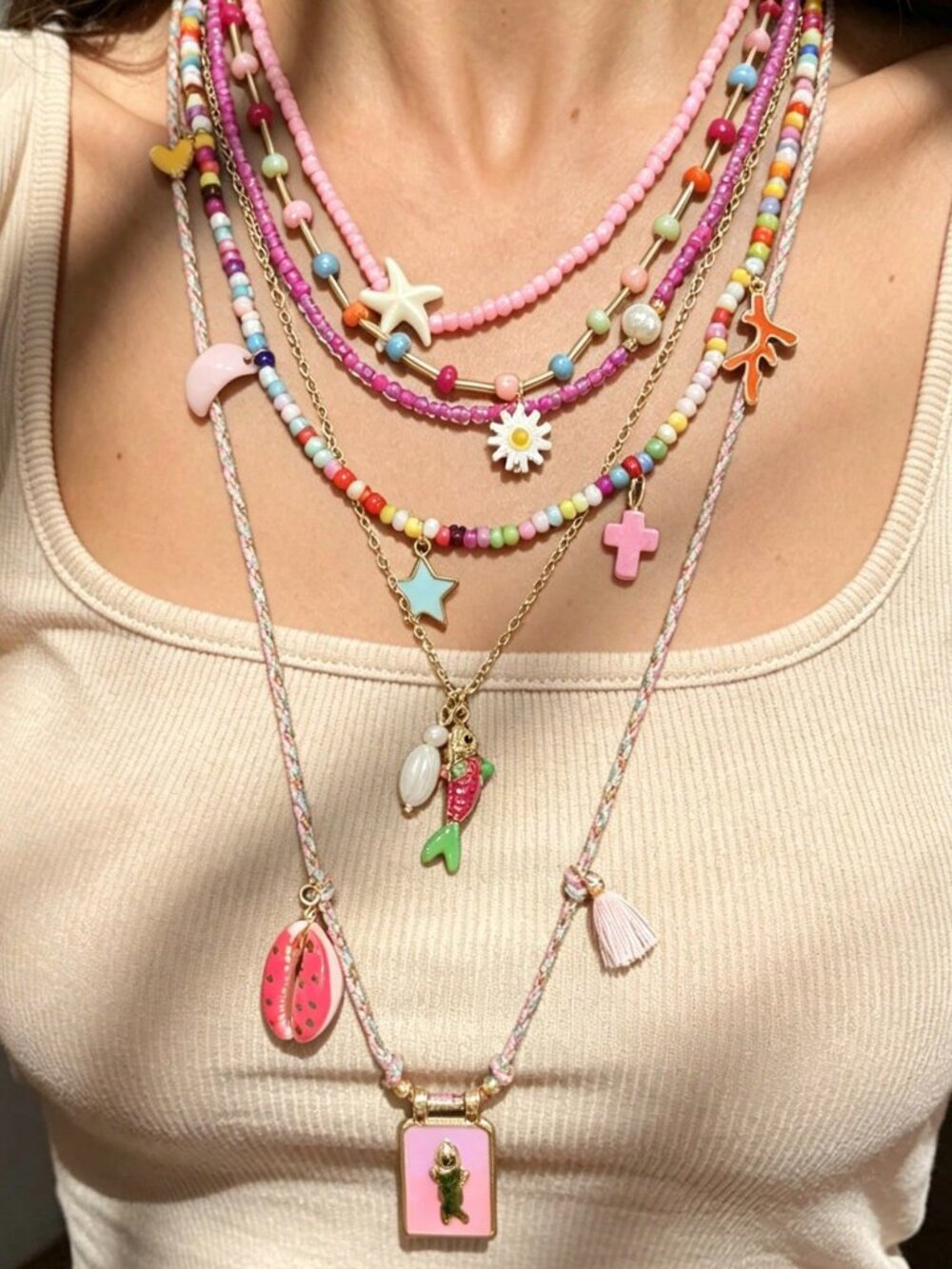 6pc Y2K Colorful Beaded Layered Necklace Set Boho Beach Charms